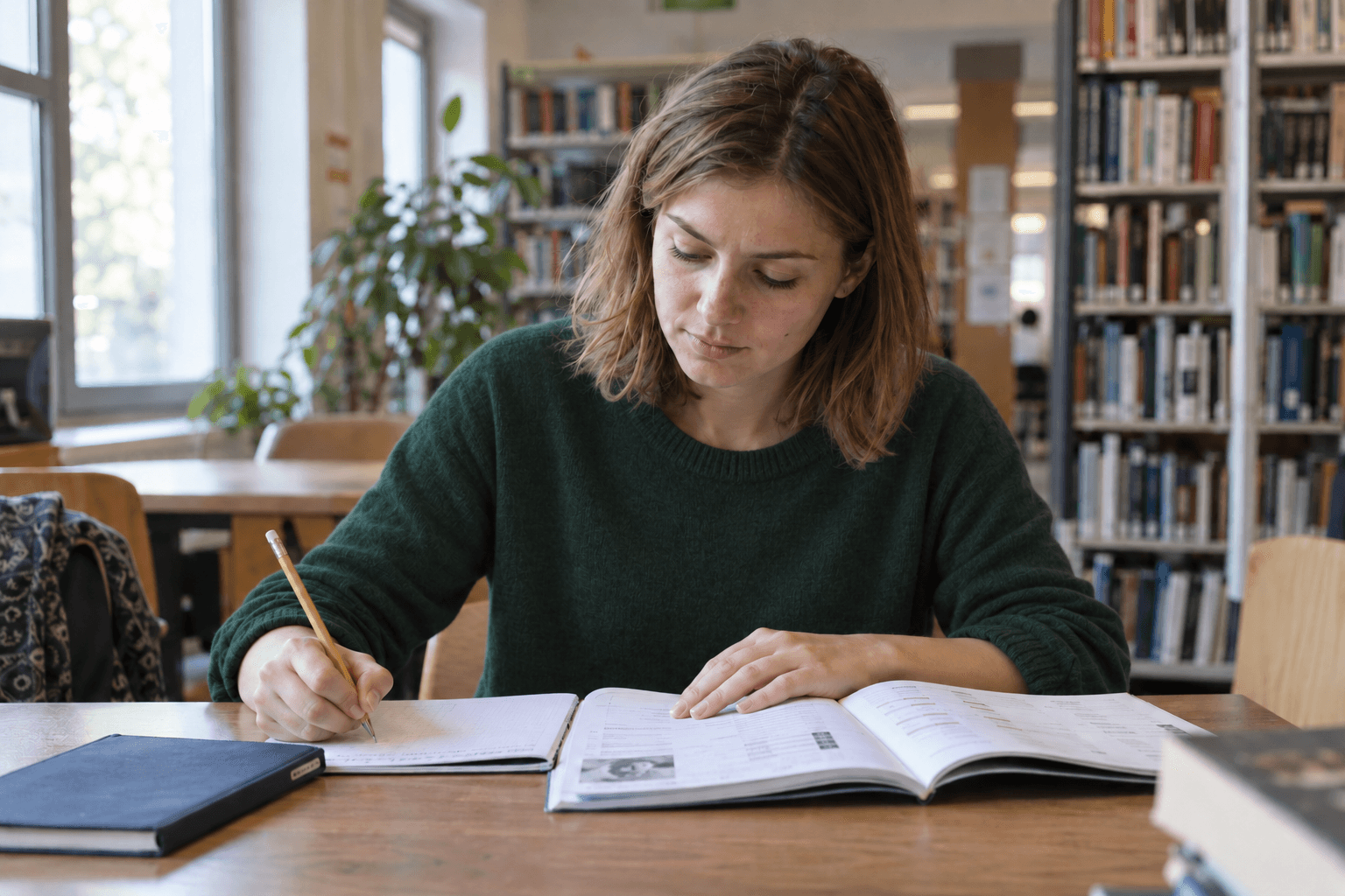 Osoba przygotowuje się z podręcznikiem i notatnikiem w bibliotece